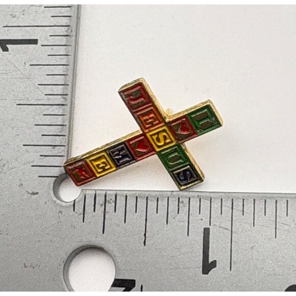 I Love Jesus Cross Pin Brooch Jesus Loves Me Colored Block Gold Tone Religious - Picture 4 of 6
